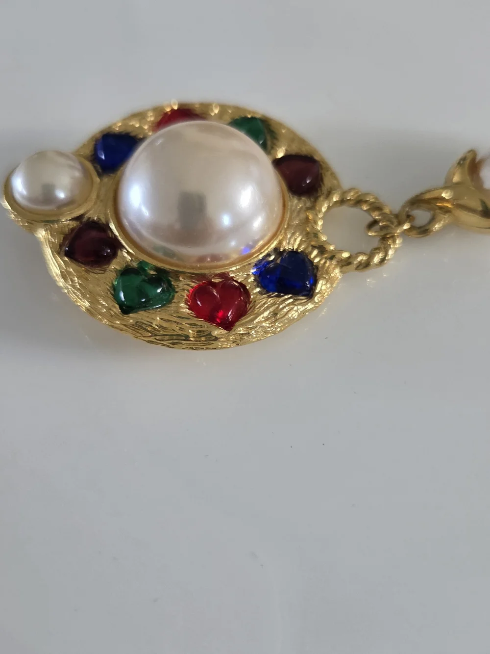 Vintage Gold-Tone Multicolor Hearts & Faux Pearl Drop Brooch